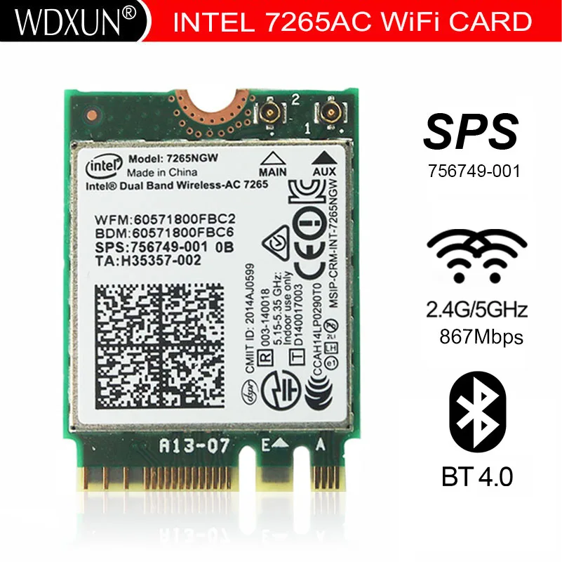 7265NGW NGFF M.2 867m 802.11ac Wifi + Bluetooth 4 0 Wlan-карта 867 Мбит/с Intel 7265AC для HP 756749-001 EliteBook 850 G2 |