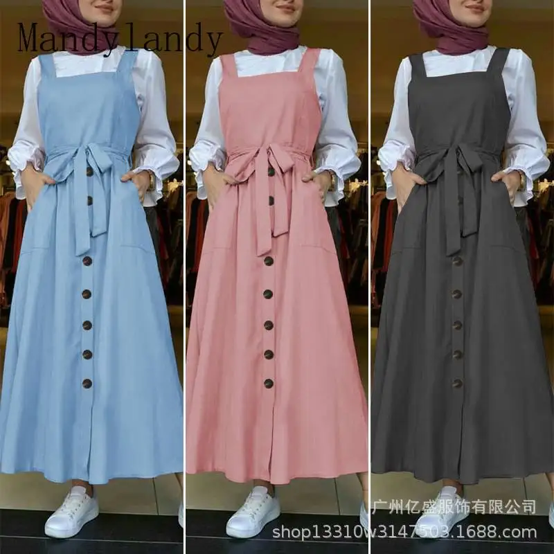 Mandylandy-faldas musulmanas de bolsillo con botones, chaleco sin mangas con cordones, faldas largas de Abaya, cintura alta, Color sólido, gran oscilación
