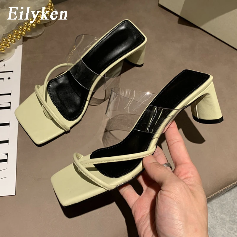 

Eilyken New Brand Design PVC Narrow Band Clip Toe Slippers Womens Summer High Heels Square Toe Female Outdoor Flip Flops Shoes
