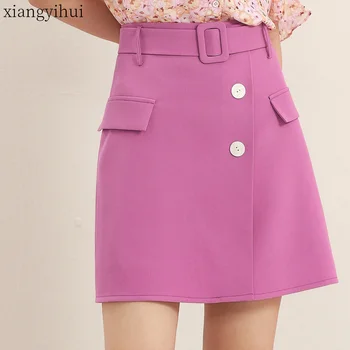 

Office Womens A Line Skirt with Belt Female Summer High Waist Black Mini Skirts Elegant Temperament OL Pattern Short Skirt