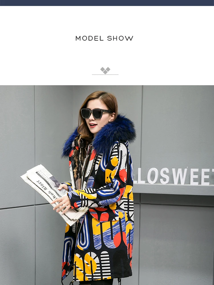 Fur Parkas Highstreet Printed Real Fox Fur Collar Hooded Thick Warm Rabbit Fur Lining Long Coat Women Winter Casual Plus Outwear