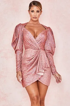 

2020 new CB rose gold holographic sequinned wrap dress women winter party club dress sexy fashion dress elegant