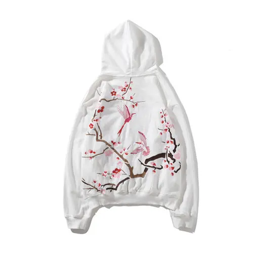 Осенне-зимняя Толстовка с принтом птиц в китайском стиле, Модная молодежная хлопковая толстовка с капюшоном в стиле хип-хоп - Цвет: Белый