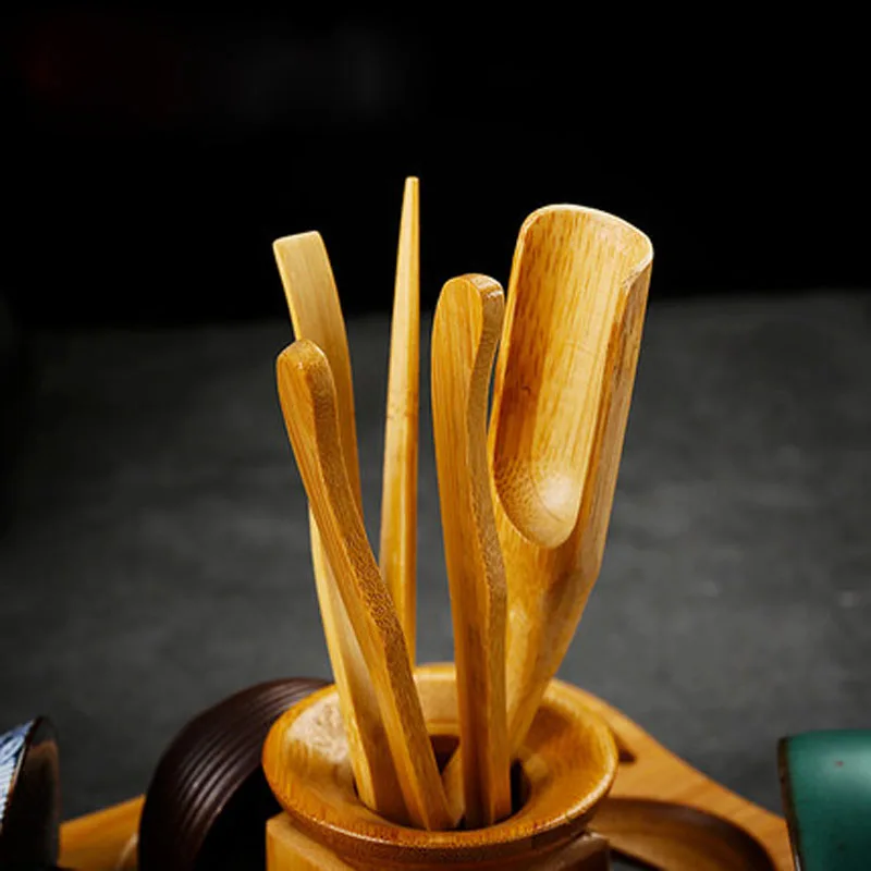 Chinese Cha Dao Tea Set, 6 Pieces Ebony Tea Set, Kung Fu Tea Accessories, Tea Ceremony Utensils, Multifunctional Storage Rack