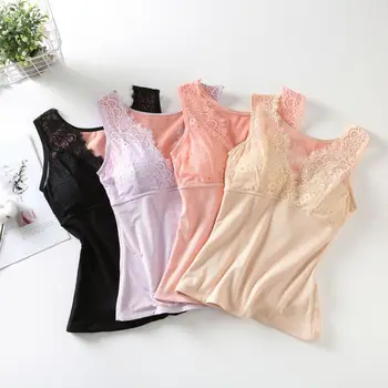 

Women Thin Padded Vest Thermal Underwear Lace Stitching V-Neck Autumn And Winter Sexy Ladies Warm Vest