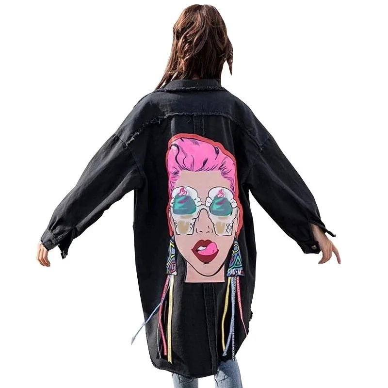 

2020 New Boyfriend Casual Denim Jacket Woman Loose Coat Vintage Pattern Korea Print Windbreaker Chaqueta Mujer Harajuku Befree