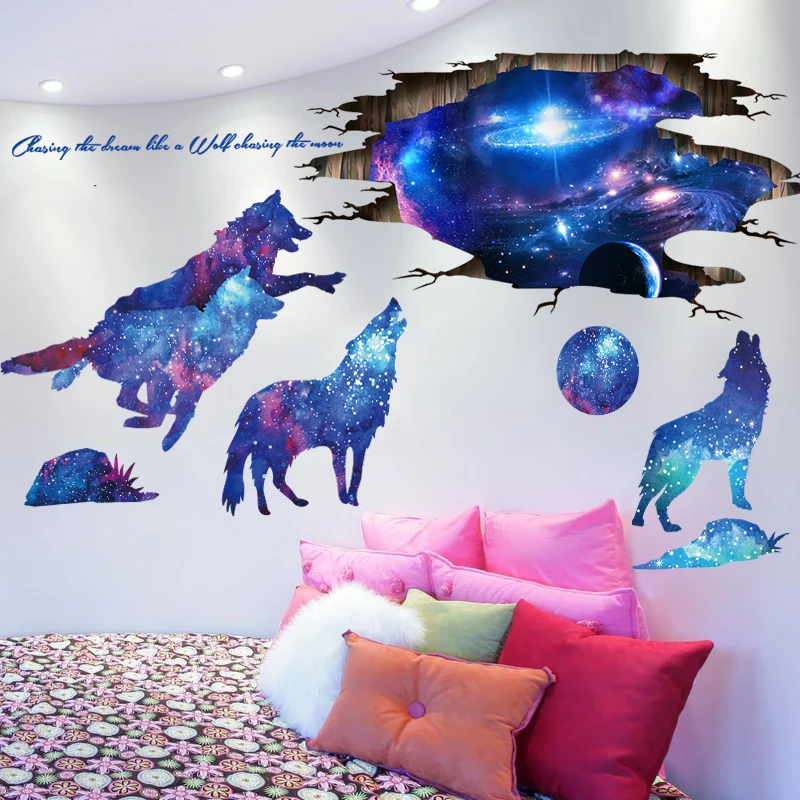 

[shijuekongjian] Universe Galaxy Wall Stickers Vinyl DIY Moon Wolves Mural Decals for Kids Rooms Baby Bedroom Decoration