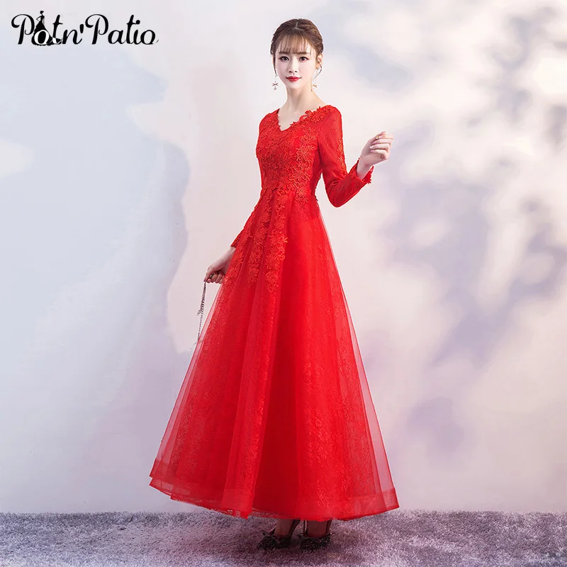 Красное кружевное платье с длинным рукавом для выпускного вечера 2019 элегантное ТРАПЕЦИЕВИДНОЕ длинное вечернее платье с v-образным