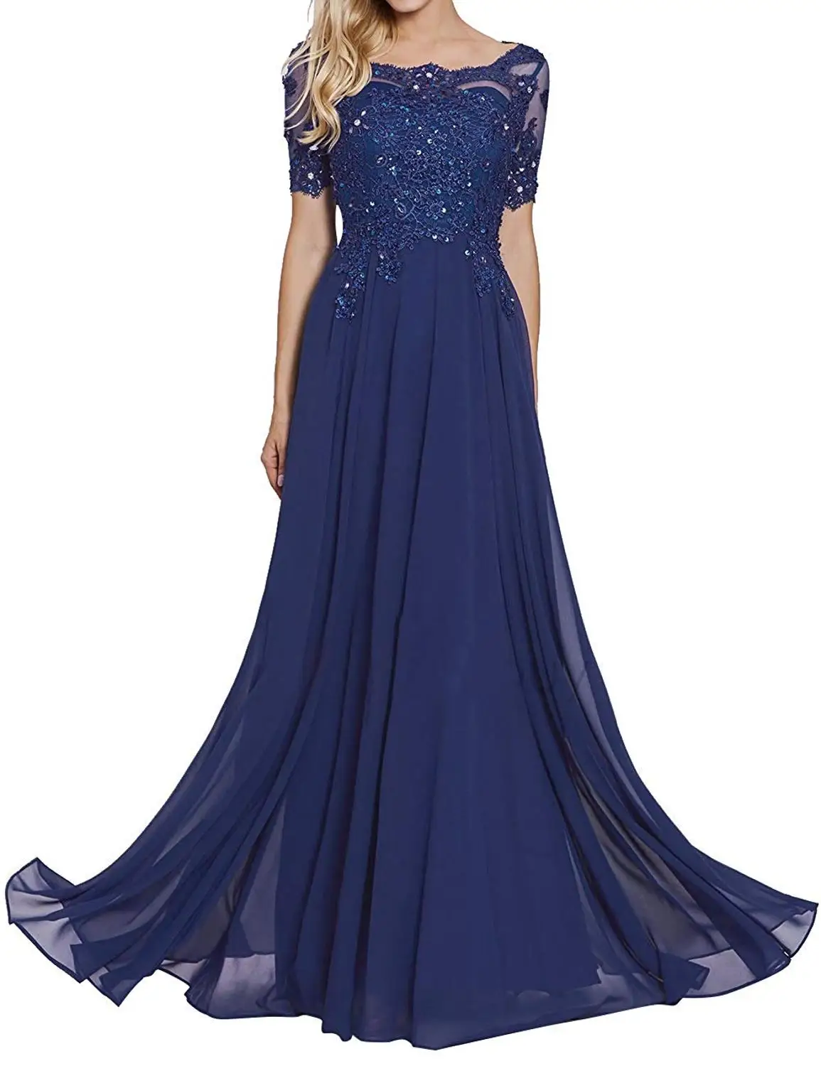 2020 New Women's Chiffon Appliques Beaded A Line Short Sleeve Mother Of The Bride Dress Vestidos De Madrina Boda Largos | Свадьбы и