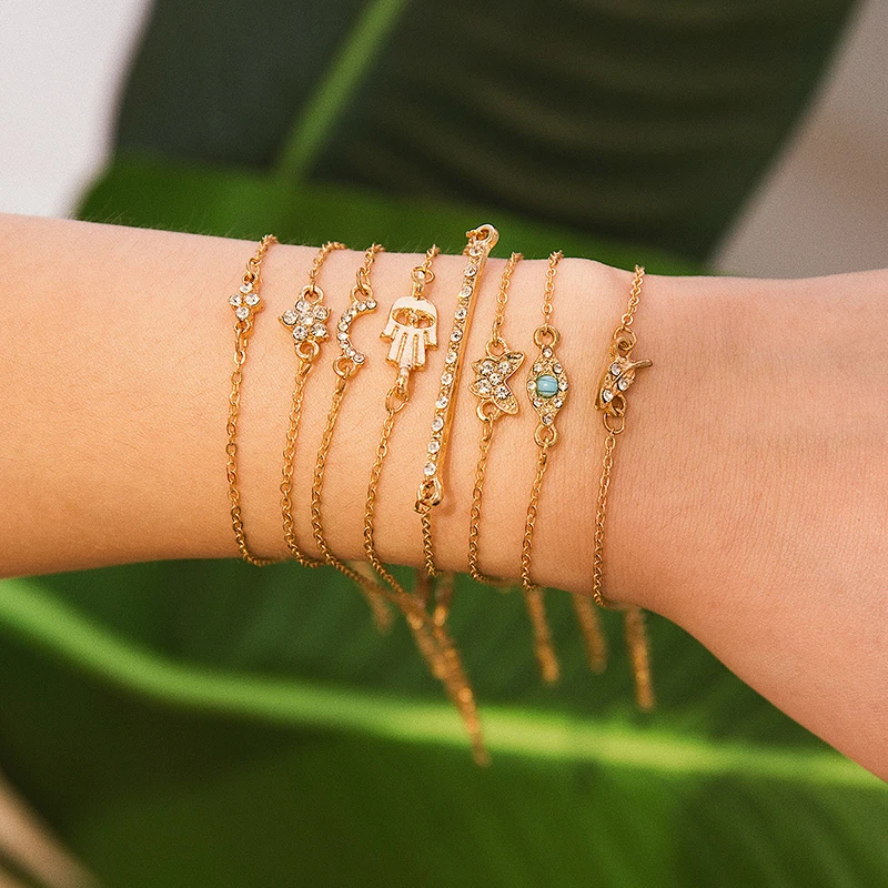 

Retro Multi-layer Alloy Bracelet Women Punk Party Crystals Leaf Chain Bracelets Bangles 6/8pcs Hand Jewelry Pulseras Jewelry