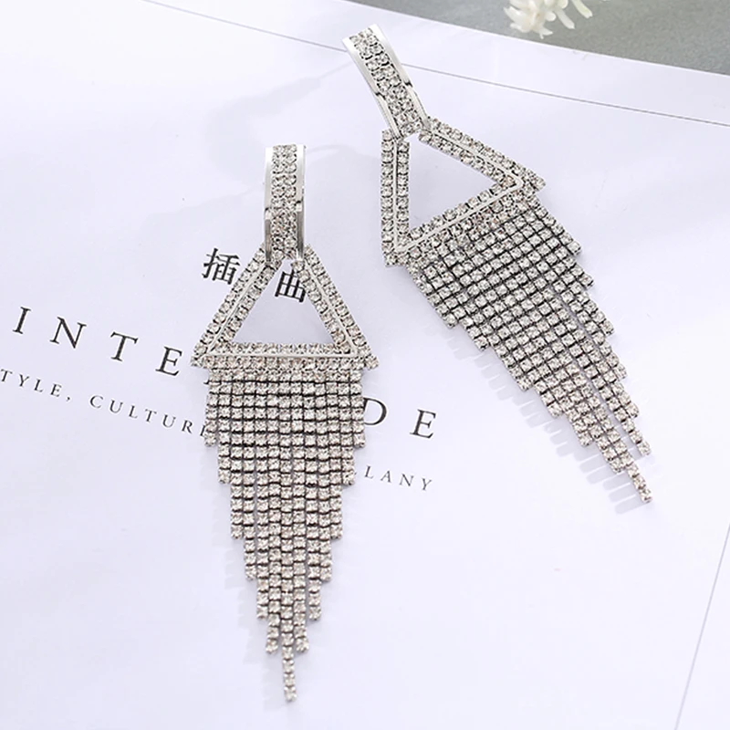 Bling Rhinestone Tassel Earrings for Women 2019 Luxury Crystal Geometric Drop Jewelry Long Dangle Earring Party Gift | Украшения и