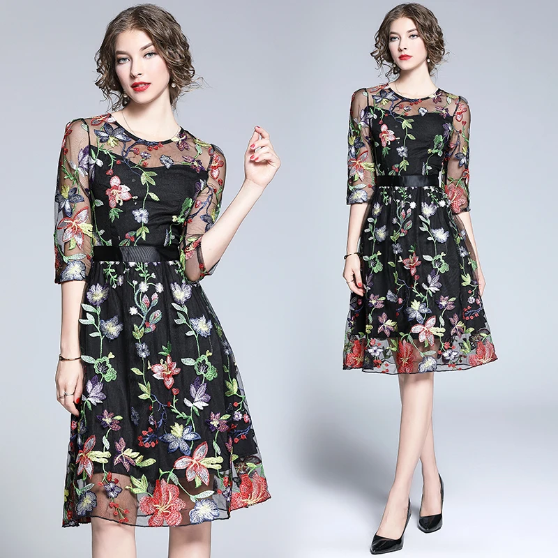 Новинка; осеннее изысканное платье с цветочной вышивкой; Vestidos; Повседневное платье; Mujer; коллекция года; черные вечерние платья-миди в стиле ретро; Damen Kleider; K6832