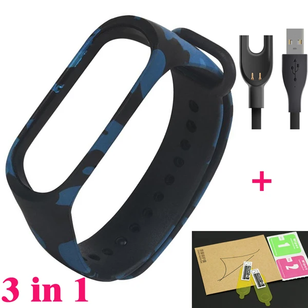 Color blue YHNUJM Камуфляжный, силиконовый ремешок+ Защитная пленка для экрана+ usb-кабель для зарядки Xiaomi Mi Band 3 Smart Watch - Цвет: Color blue