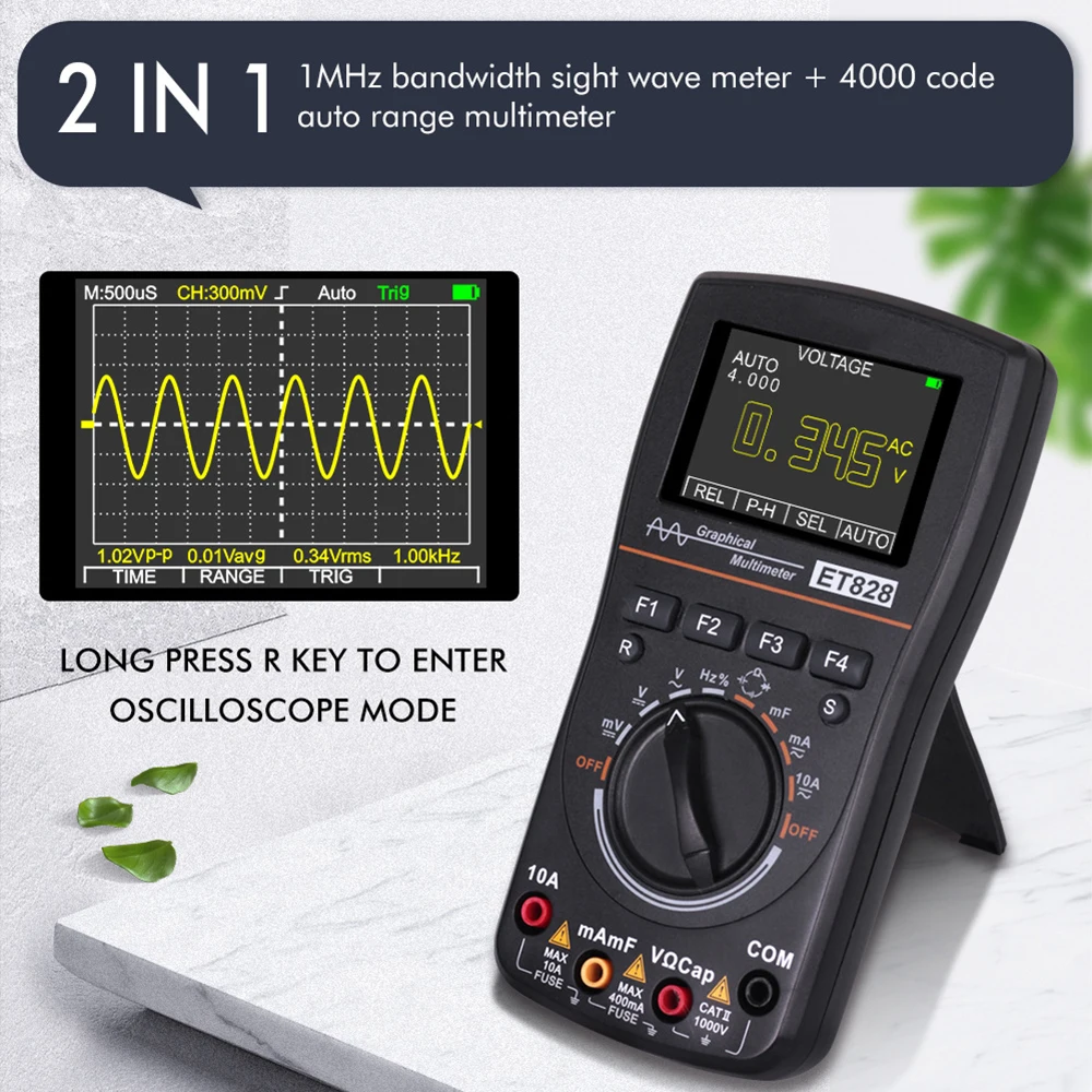 

ET828 2 in 1 Oscilloscope Multimeter Intelligent Graphical Digital with 2.4in Color Screen 1MHz Bandwidth 2.5Msps Sampling Rate