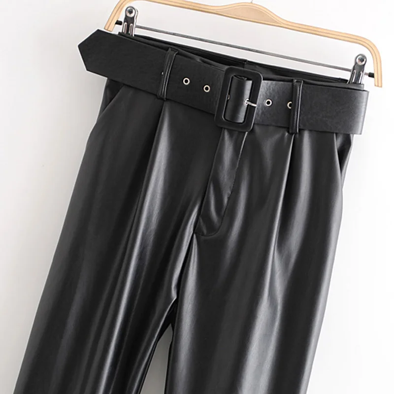 AGong High Imitation Leather Tie Belt Waist Pants Women Fashion PU Leather Trousers Women Elegant Pencil Pants Female Ladies KA