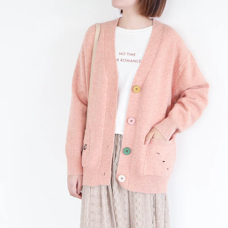 

Johnature 2019 Autumn Sweater Women Solid Color Pockets Solid Color Cardigan V-Neck Long Sleeve Mori Girl Casual Soft Sweater