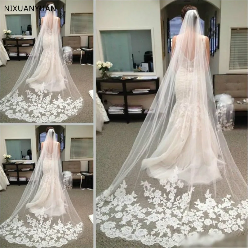 

Wholesale Long Bridal Veil One-Layer Applique Wedding Veils Bridal Mesh Veil with Comb Veil Long Cathedral Veil Velo De Novia