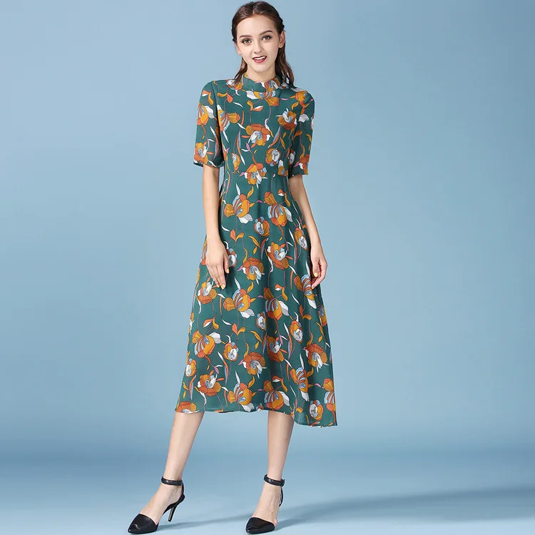 

7288 # Summer New Style Slim Fit-Style Stand Collar Floral Printed Dress Elegant Retro Pleated Swinging Skirt Children Fashion