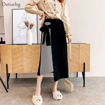 

Women's Fashion Striped Bow Tied Skirt Female Korean Casual High Waist Knitted Black Asymmetrical Skirts Saias 2019 Winter SK433