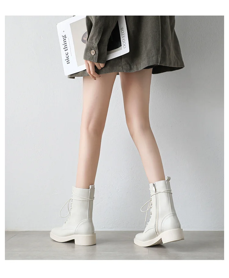 Leather Martin booties ladies plush fur british motorcycle snow botas winter creepers cross-tied mid high boots women shoes