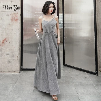 

AE0140 wei yin 2020 Sexy V-Neck Backless Evening Dresses Satin Long Robe De Soiree Grey Spaghetti Strap Party Gowns Real Picture