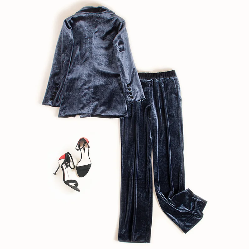 New Autumn and Winter Women's Professional Suit Pants Two-piece High Quality Vintage Gold Velvet Female Jacket Casual Trousers