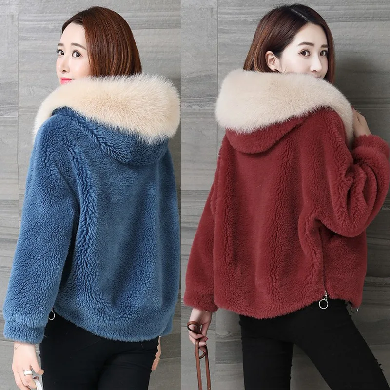 

2019 Woman Short Fund Teddy Coat Imitate Wool Leather Faux Fur Hooded Loose Coat Basic Jackets Manteau Femme Hiver Jacket