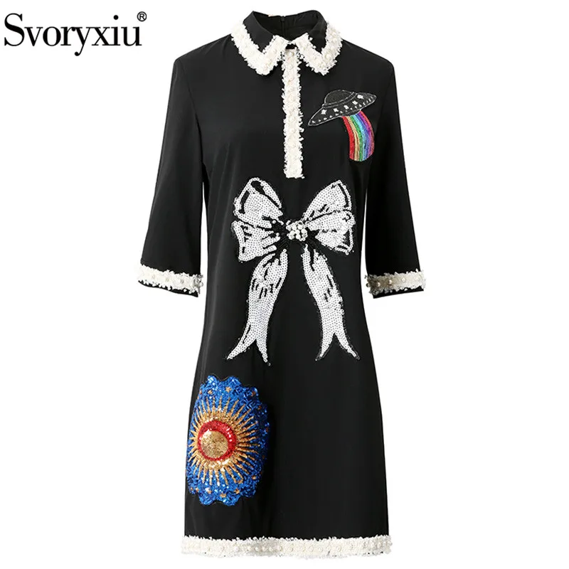 Svoryxiu роскошное подиумное осеннее зимнее черное короткое платье с вышивкой и пайетками женское модное платье с рукавом до локтя платье для вечеринок с бусинами