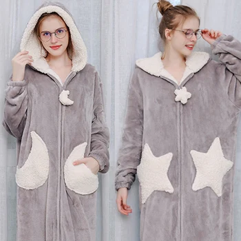 

Newly Long Flannel Fleece Hooded Dressing Gown Women Men Warm Star Moon Zipper Sleepwear Robe