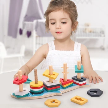 

DIY Wooden Building Blocks Montessori Geometric Shape Pairing Board Model Set Early Learning Educational Toys For Children Kids