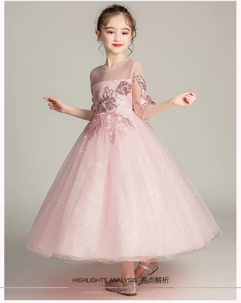 Новинка весны официальная Вечеринка Костюмы) бутиковая детская элегантное, цветочное, кружевное платье с цветочным узором для девочек Темно-синие детская розовая/белая бальное платье