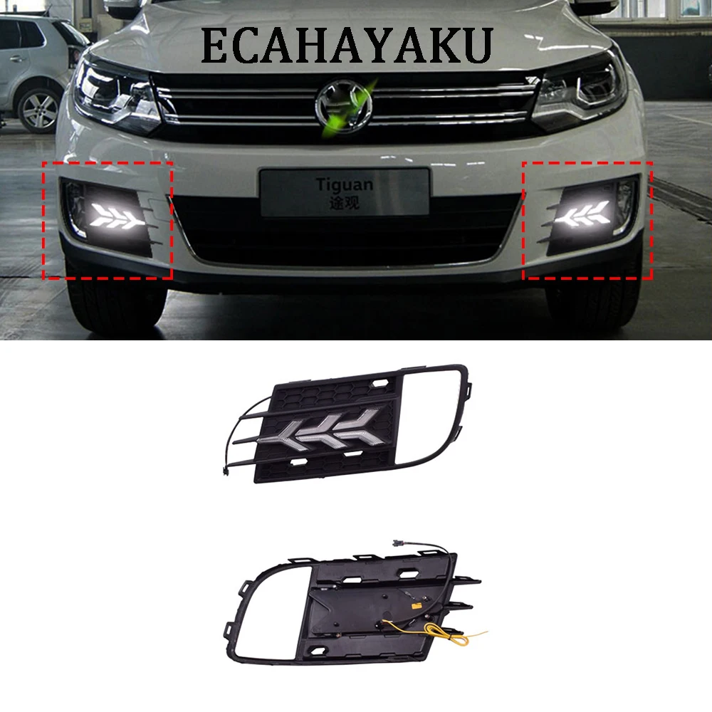 

ECAHAYAKU LED DRL Daytime Running Light for VW Tigaun 2013 2014 2015 2016 Car Styling with Yellow Turn Signal Light Blue Lamp