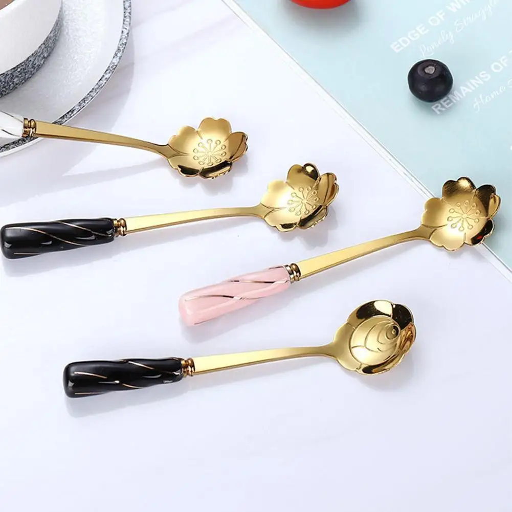 

Stainless Steel Spoon With Ceramic Handle Vintage Gold Decor Spoons Tea Sugar Coffee Cherry Fancy Rose Teaspoon Flower Dess S0I3
