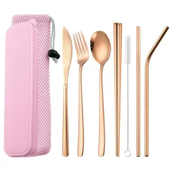 

9pcs Stainless Steel Cutlery Set Multicolor tableware with Multicolor Metal Straw Chopsticks Storage Case and Bag Spoon Set