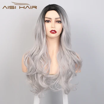 

AISI HAIR Long Wavy Wig Ombre Grey Wigs for Black Women Synthetic Heat Resistant Fiber Side Part Natural Hair Cosplay Wigs