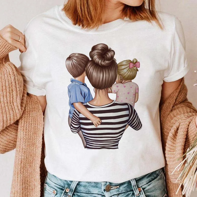 Women Clothing Cartoon Family Happy Time Mama Mom Mother Short Sleeve Clothes Print Tshirt Female Tee Top Graphic Black T-shirt vintage tees