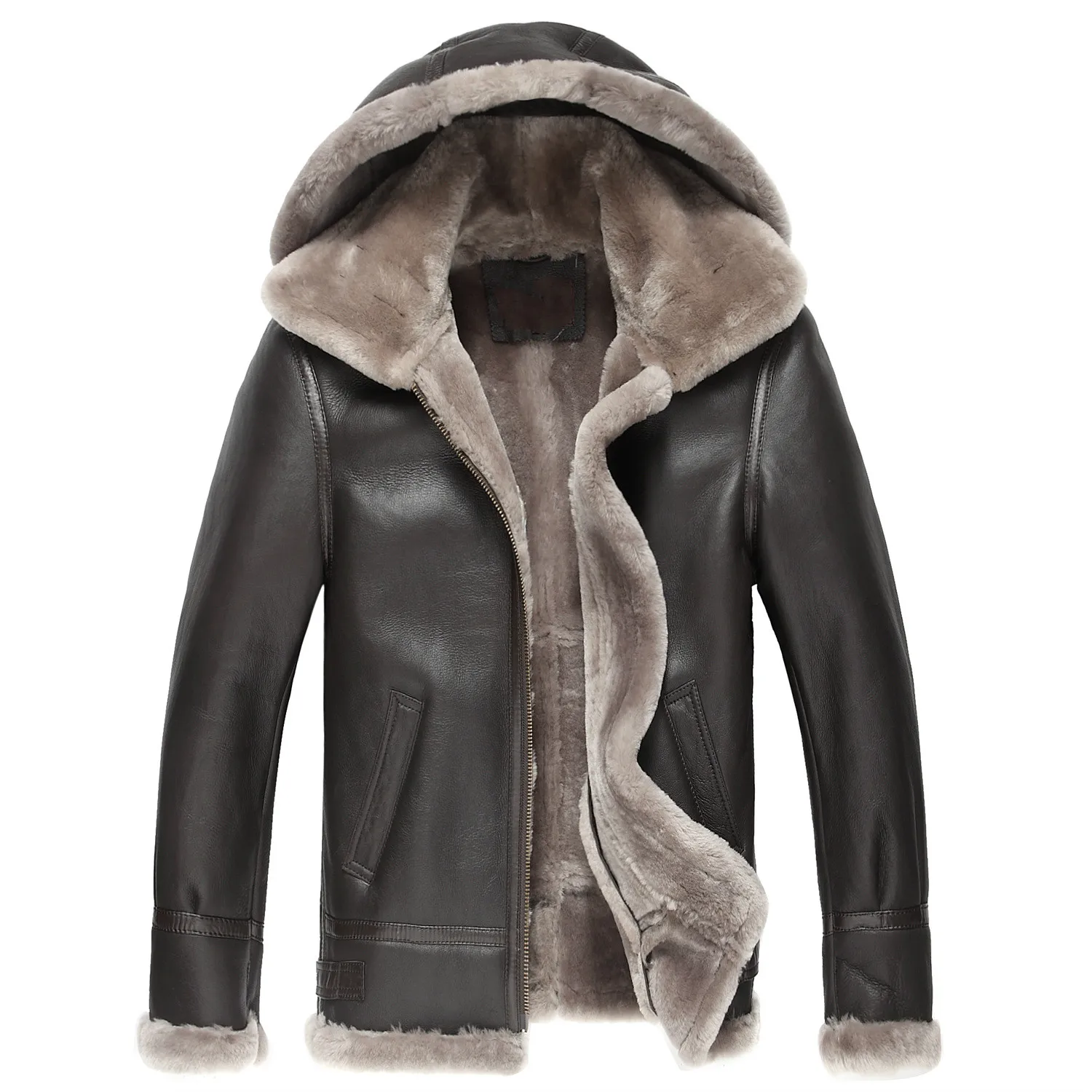 Новинка, Мужское пальто из натуральной кожи, овчина, мужская куртка с капюшоном, кожаные зимние куртки, мужская куртка из овчины, EMS - Цвет: Dark Brown