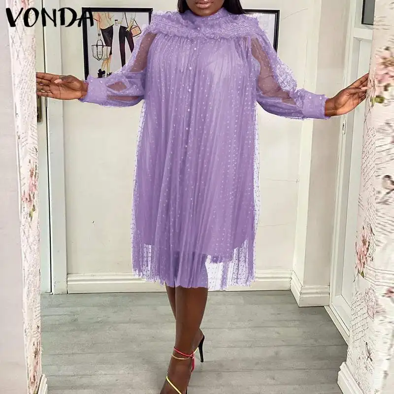 Women Lace Dress 2022 VONDA Vintage Stand Collar Midi Dress With Inner