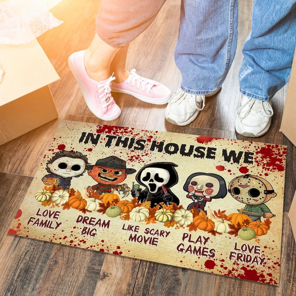 Door Mat Halloween Theme Horror Movie Character Collection House Rules Doormat 3D Printed Carpet Non-Slip Bedroom Porch