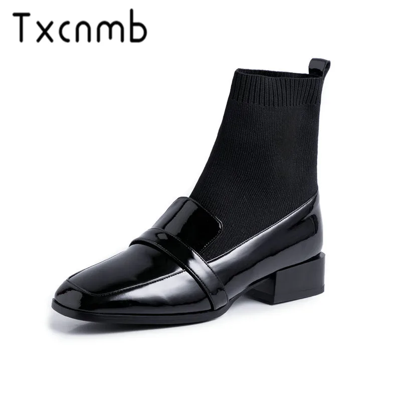 

TXCNMB Soft Knitted Sock Boots Stretch Fabric Shoes Med Heels Square Toe Mid Calf for Ladies Leather Winter Women Boots