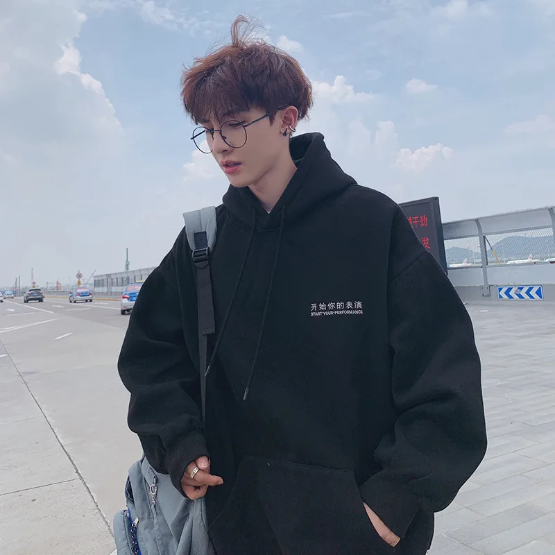 

2019 Autumn And Winter Men's New Casual Solid Color Pocket Decoration Hooded Loose Temperament Trend Cotton Hoodies