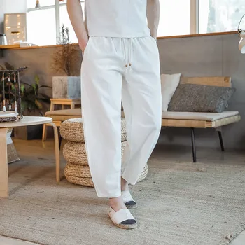 

#0649 Summer Black White Blue Cotton Linen Pants Men Plus Size 5XL Harem Thin Casual Vintage Trousers Loose Elastic Waist