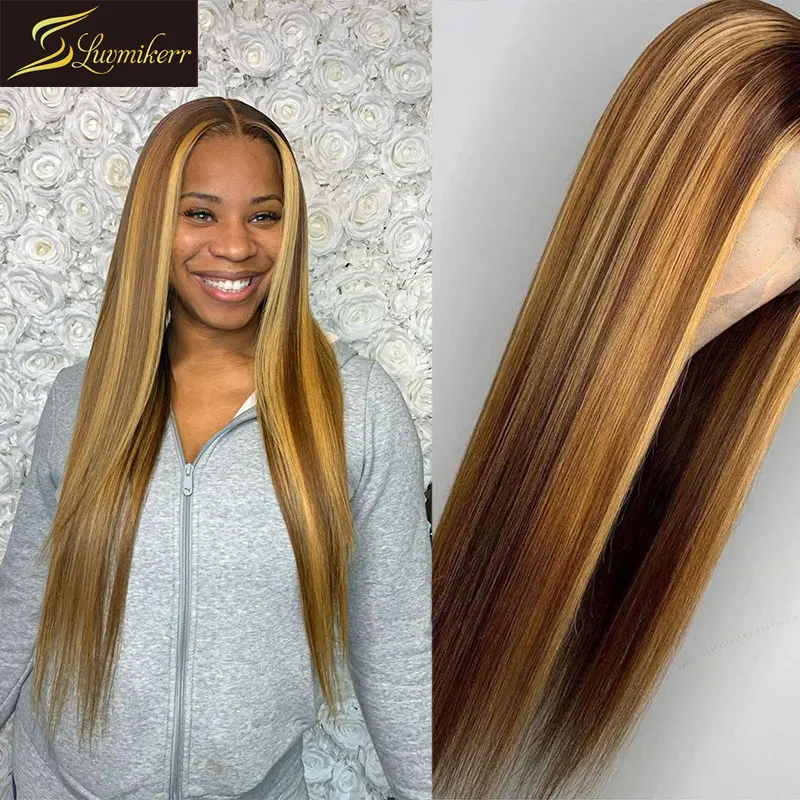 Glueless Ombre Цветные перуанские 13 × 6 прямые человеческие волосы на кружеве парики для черных женщин медовый блонд фронтальный парик отбеленные узлы