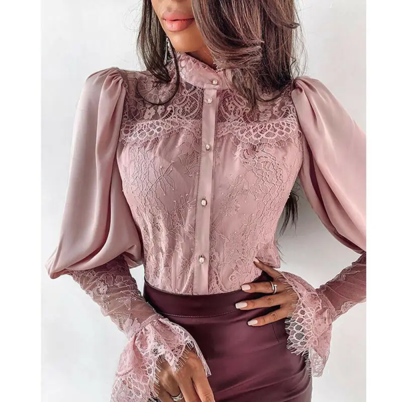 

2020 Newest Hot Women Lace Patchwork Long Sleeve Button Down Shirt Sexy OL Solid Color Floral Loose Lapel Blouse Shirt Tops