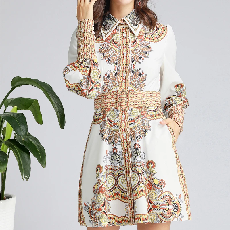 Faldas mujer moda, Осеннее модное винтажное платье, воротник с лацканами, расшитое бисером, пояс со стразами, с принтом, vestido de festa feminina, мини-платье