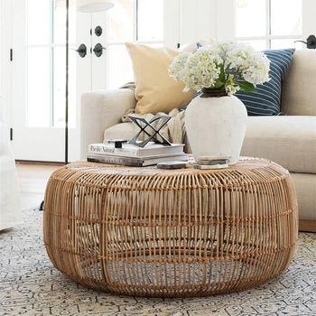 

Modern minimalist style hand-woven rattan round coffee table