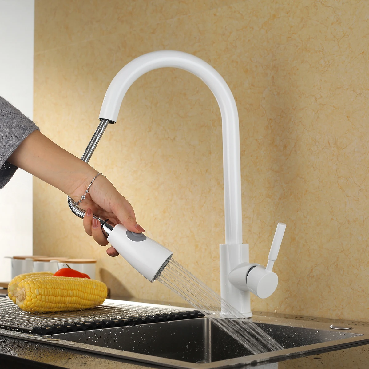 

White Pull Out Sprayer Kitchen Sink Faucet Bathroom Wash Basin Faucets Cold and Hot water mixer Tap