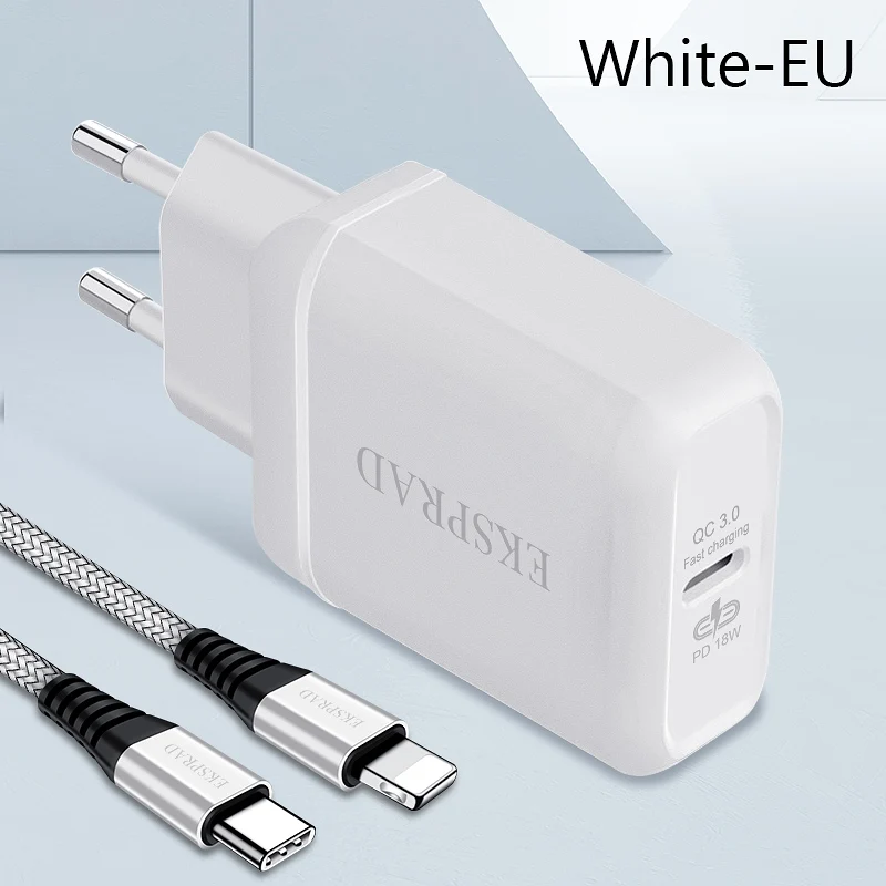 EKSPRAD для iPhone 11 PD зарядное устройство 18 Вт USB C PD 3,0 быстрое зарядное устройство с кабелем для ipad iPhone телефон настенное зарядное устройство США/ЕС переходник - Тип штекера: White EU PLUG