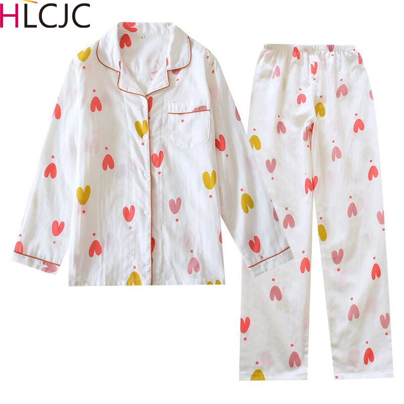 

2020 Newest Women Cotton Gauze Pajamas Sets Long Sleeve Turn-down Collar with Pocket Pyjama Cute Cartoon Button Top+Pants Pijama