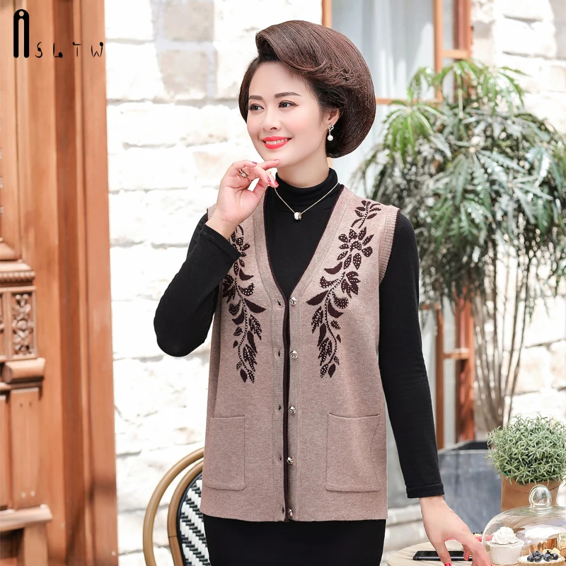 ASLTW Women's Vest Plus Size V Neck Sleeveless Sweater Cardigan New Print Single-breasted Sweater Vest Coat Outwear Vest Women - Цвет: Хаки